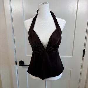 VTG Y2K Windsor V Cut Halter Babydoll Top Chocolate Brown Satin Sz S Coachella